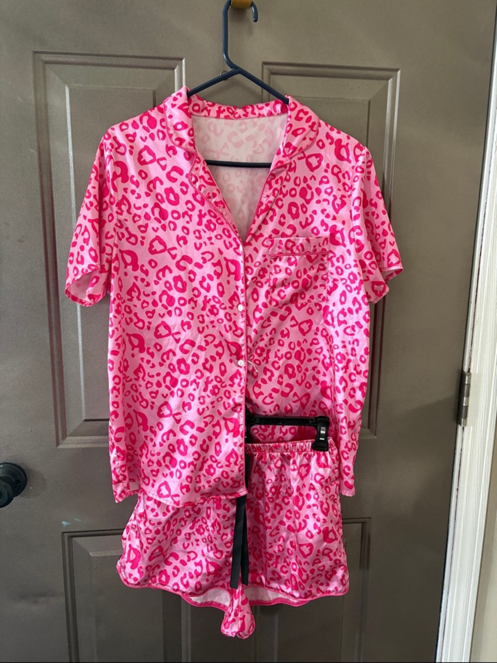 Pink Leopard Print Satin Pajama Set